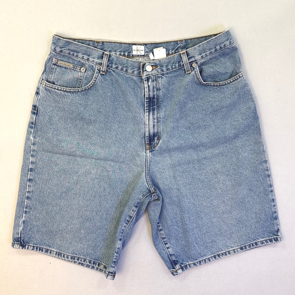 Calvin Klein Jeans Mens 40 Loose Fit Denim Shorts Double Stone Wash Blue Vintage